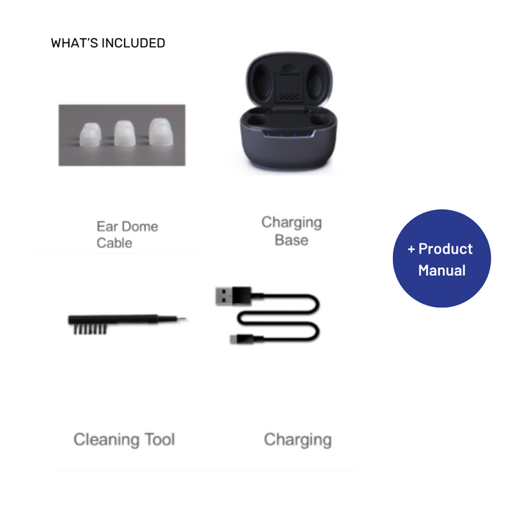 Digital Hearing aid Behind the Ear BTE Product Whats included in the box, charging base, ear dome cable, cleaning tool, charge cable